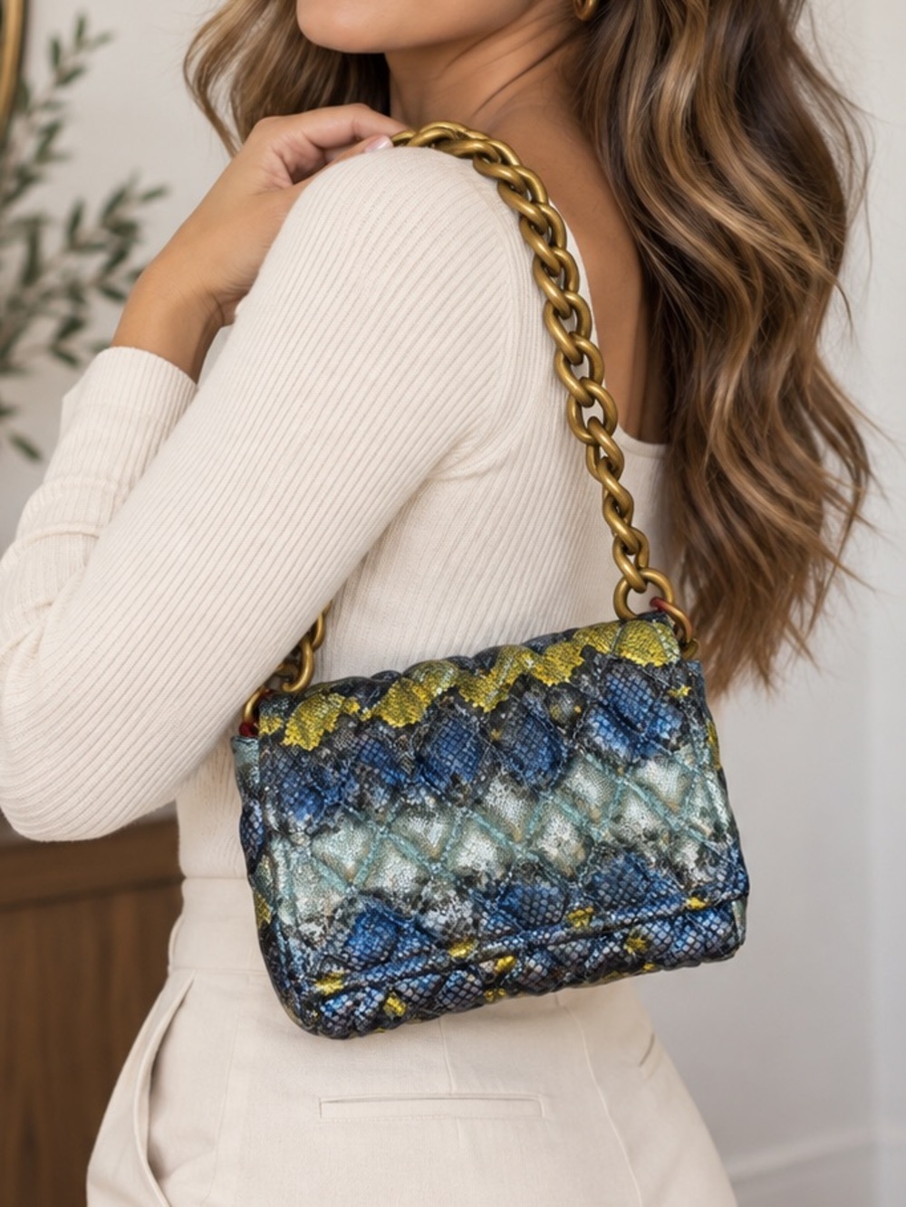 Montana West NWT Blue and Yellow Snake-Effect Shoulder Bag with Gold Chain